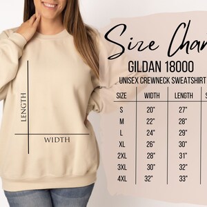 以下が含まれることがあります： Gildan 18000 ユニセックスクルーネック スウェットシャツのサイズチャート。チャートは、サイズ S、M、L、XL、2XL、3XL、4XL の幅、長さ、袖の長さをインチで示しています。