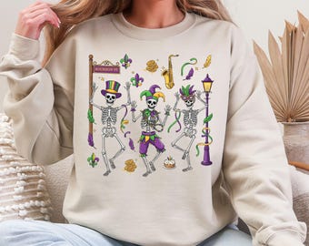 Mardi Gras Skeleton Sweatshirt, Dancing Skeleton Sweatshirt, Fat Tuesday Sweatshirt, Funny Carnival Shirt, New Orleans Shirt, NOLA Crewneck