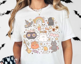 Pink Halloween Doodles Shirt: Retro Hippie Ghost Crewneck Tee