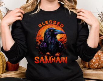 Blessed Samhain Crewneck Sweatshirt, Pagan Holiday, Wheel of the Year, Wiccan Sabbat,  Witches New Year, Harvest Festival, Gift for Pagans