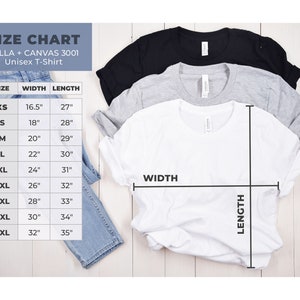 May include: Size chart for Bella + Canvas 3001 unisex t-shirts. The chart shows the width and length measurements in inches for sizes XS to 5XL.