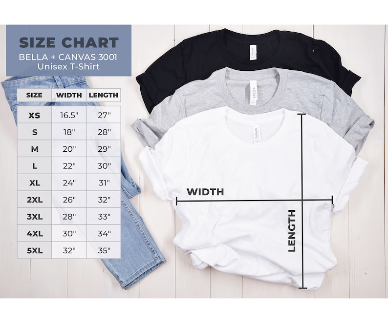 May include: Size chart for Bella + Canvas 3001 unisex t-shirts. The chart shows the width and length measurements in inches for sizes XS to 5XL.