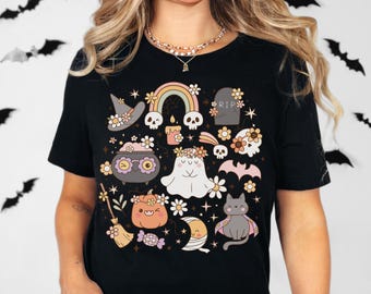 Pink Halloween Doodles Shirt: Retro Hippie Ghost Crewneck Tee