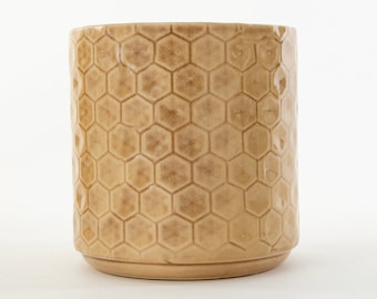 Yellow Modern Crackle Glaze Honeycomb Stoneware Ceramic Plant Pot Cover - For Indoor Plants Succulents Flowers and Herbs