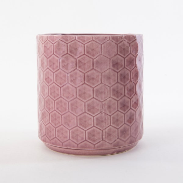 Pink Modern Crackle Glaze Honeycomb Stoneware Ceramic Plant Pot Cover - For Indoor Plants Succulents Flowers and Herbs