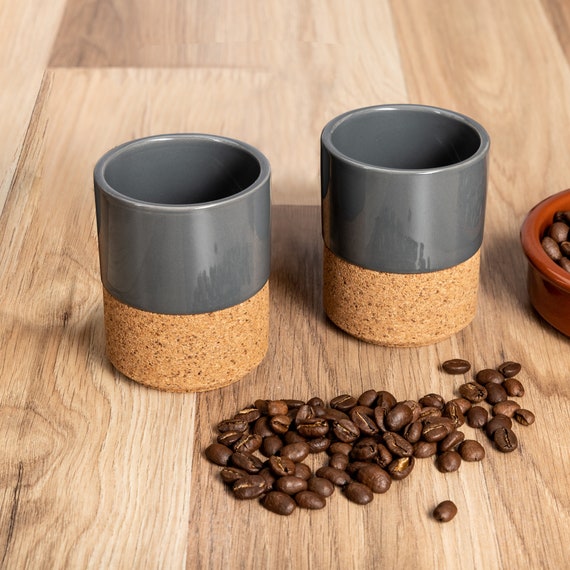 Contemporary Espresso Cups 4oz Grey Ceramic and Natural Cork Espresso Cups  Set of 2 Stackable 