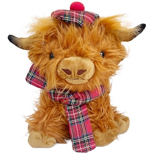 Wilbur Highland Cow 10 inch Brown Plushie Stuffed Animal Plush Cow Soft Toy with Scottish Tartan Plaid Hat and Scarf