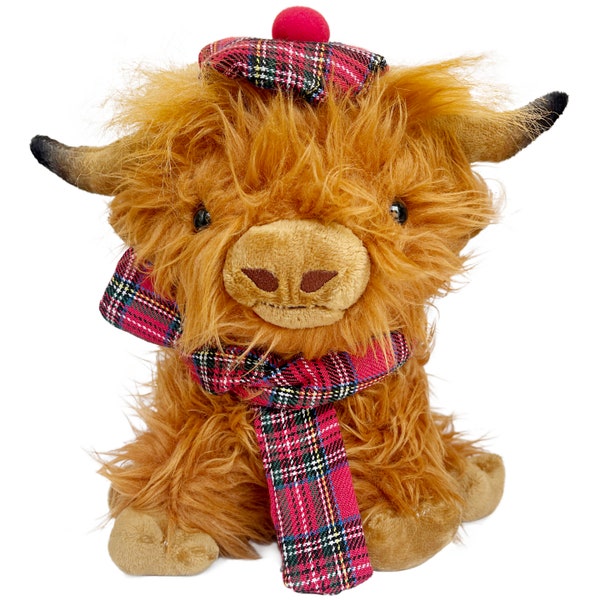 Wilbur Highland Cow 10 inch Brown Plushie Stuffed Animal Plush Cow Soft Toy with Scottish Tartan Plaid Hat and Scarf