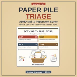 May include: A digital document titled PAPER PILE TRIAGE ADHD Mail & Paperwork Sorter. It features a four-category sorting system labeled ACT, WAIT, FILE, and TOSS, with descriptive sub-text for each. The graphic includes a basket icon and 10 undated pages.