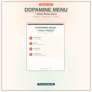 Könnte beinhalten: Ein digitales Dokument mit dem Titel Dopamine Menu + Daily Reset Pack. Das Layout enthält eine Liste mit vier Kategorien: Appetizers, Mains, Desserts und Guardrails, jeweils mit Zeit- oder Aktivitätsbeschreibungen. Das Design verwendet dunkelgrünen Text auf hellem Hintergrund.