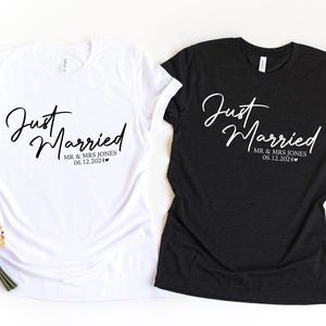 Just Married T-Shirt, Personalized Husband and Wife Couples Honeymoon T-Shirt, Finally Matching Wedding Tee, Mr and Mrs Any Name Any Date