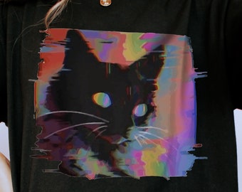 Psychedelic Weirdcore Cat T-Shirt, Vaporwave Aesthetic Shirt, Trippy Alt Clothing, Grunge Clothes, Harajuku Punk Shirt, Rave Gear Shirt