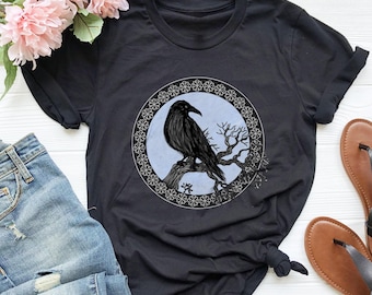 Gothic Raven Tree Shirt: Scandinavian Bird Lover Gift