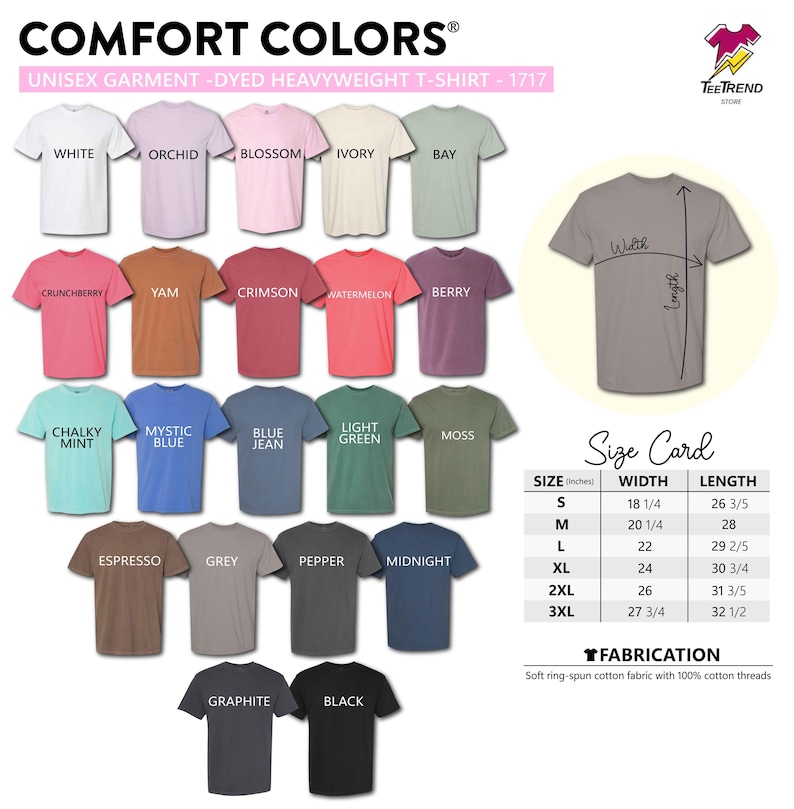 以下が含まれることがあります： Comfort Colors 1717ヘビーウェイトTシャツの20色コレクション。ホワイト、オーキッド、ブロッサム、アイボリー、ベイ、クランチベリー、ヤム、クリムゾン、ウォーターメロン、ベリー、チョーキーミント、ミスティックブルー、ブルージーン、ライトグリーン、モス、エスプレッソ、グレー、ペッパー、ミッドナイト、グラファイト、ブラックが含まれ、インチ単位の幅と長さを示すサイズ表が記載されています。