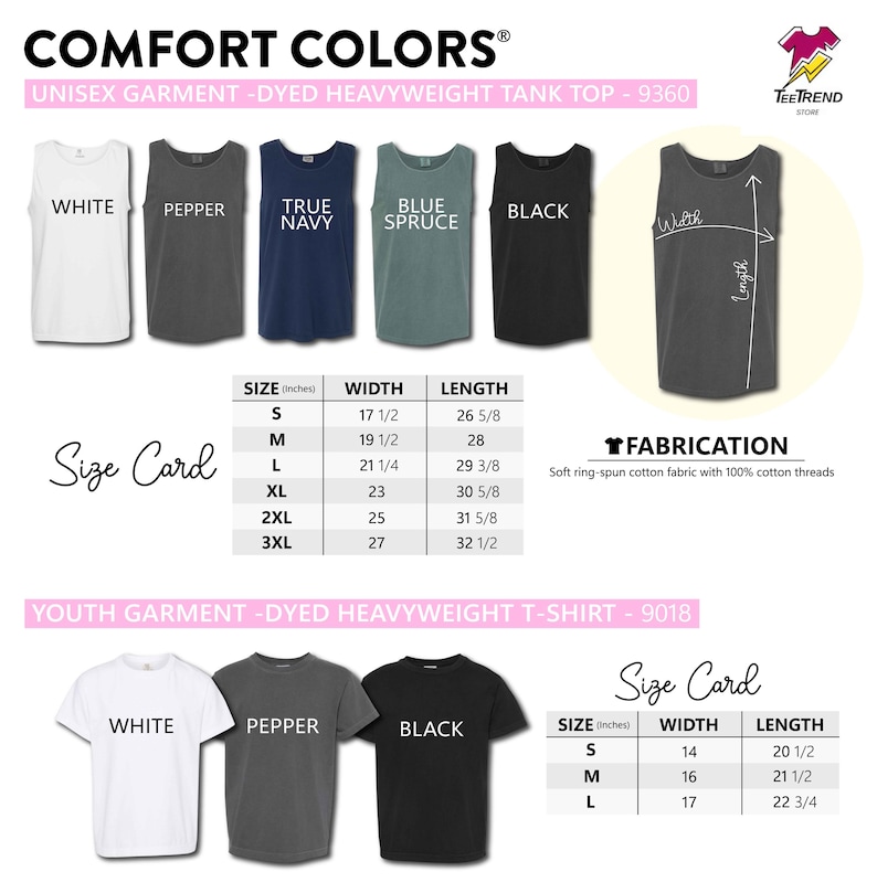 以下が含まれることがあります： Comfort Colorsのサイズチャート。ホワイト、ペッパー、トゥルーネイビー、ブルースプルース、ブラックのユニセックスヘビーウェイトタンクトップと、ホワイト、ペッパー、ブラックのユースTシャツが掲載されており、インチ単位のサイズ表と生地情報が記載されています。