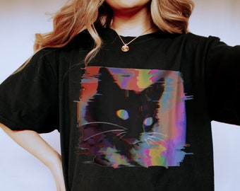 Psychedelic Weirdcore Cat T-Shirt, Vaporwave Aesthetic Shirt, Trippy Alt Clothing, Grunge Clothes, Harajuku Punk Shirt, Rave Gear Shirt