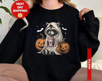 Halloween Raccoon Sweatshirt, Halloween Sweater, Halloween Sweatshirt, Spooky Season Hoodie, Ghost Sweatshirt, Raccoon Lover Shirt
