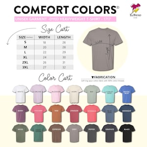 以下が含まれることがあります： Comfort ColorsのTシャツサイズおよびカラーチャート。画像にはインチ単位の幅と長さが記載されたサイズ表、グレーのTシャツのグラフィック、そして21種類のTシャツカラーオプションが並ぶカラーパレットが表示されています。