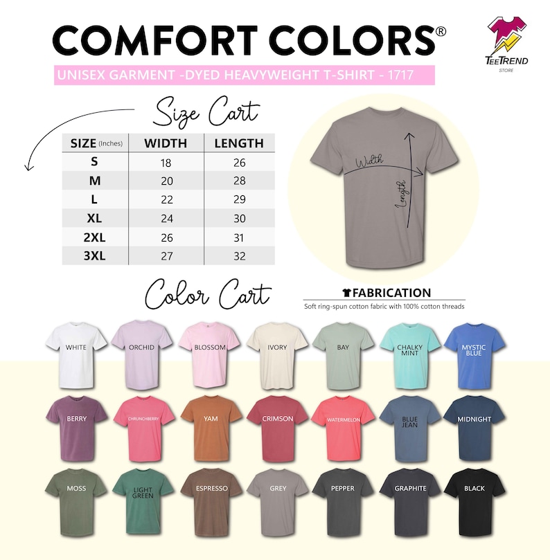以下が含まれることがあります： Comfort ColorsのTシャツサイズおよびカラーチャート。画像にはインチ単位の幅と長さが記載されたサイズ表、グレーのTシャツのグラフィック、そして21種類のTシャツカラーオプションが並ぶカラーパレットが表示されています。