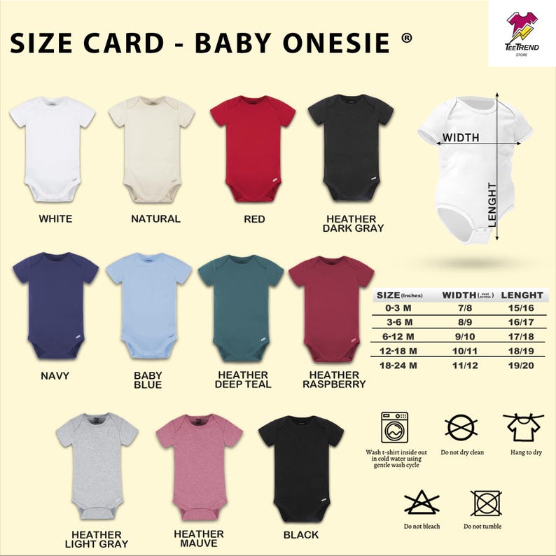a baby onesie size chart with different colors and sizes