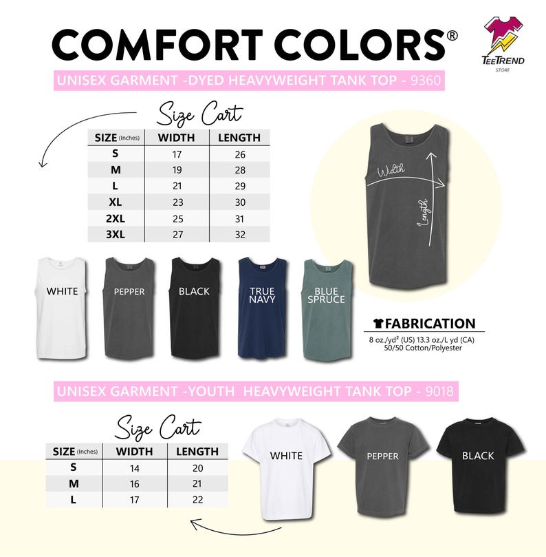 以下が含まれることがあります： Comfort Colorsユニセックス・タンクトップ9360およびユース・タンクトップ9018のサイズ表。Sから3XLおよびSからLまでのインチ単位の幅と丈の測定値が含まれています。ホワイト、ペッパー、ブラック、ネイビー、スプルースのカラーサンプルが表示されています。