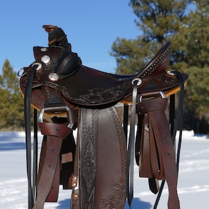 Western Hot Seat Black Carved and tooled Leather Horse Pleasure Trail Saddle Collection Head Stall  Brest Collar & Reins included /Free Ship