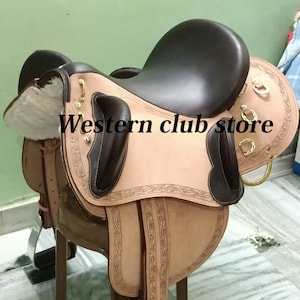 Australian Stock Saddle: Carved Tooled Leather, 16-19 inch