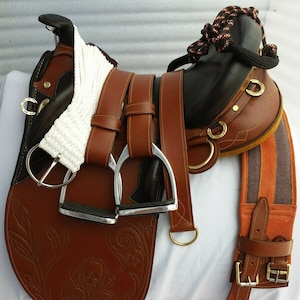 Embossed Leather Australian Stock Saddle with Horn, Stirrups & Girth