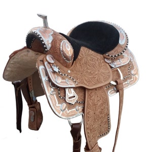 Carved Leather Western Show Saddle with Silver Details, Headstall & Breast Collar (16&quot;)