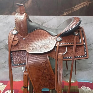 Western Horse Saddle Barrel Racing Trail Tooled Carved Leather Equestrian Leather Saddle Tack Set Seat Sizes Available 14&quot;-18&quot;/Free Shipping