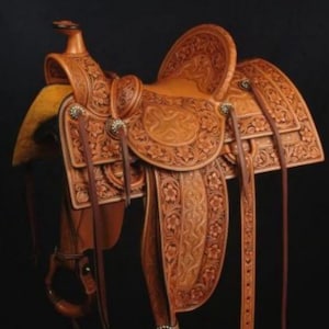 Hand Tooled Leather Western Saddle: Heavy Duty Barrel Saddle with Headstall & Breast Collar