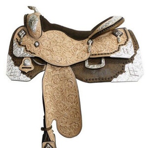 Handmade Carved Leather Western Show Saddle 16&quot; with Headstall & Breast Collar