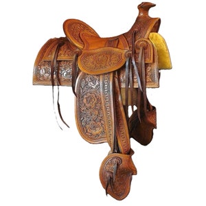 Western Heavy Duty vierkant gesneden rok Hoge kwaliteit paard handgemaakt leer gesneden zadel bewerkt showzadel 16 inch / gratis schip