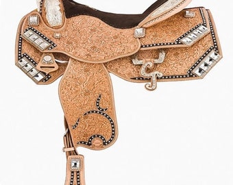 Handmade Western Show Saddle: Carved Leather, Headstall & Breast Collar (16&quot;)