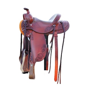 Hand Tooled Leather Western Horse Saddle with Headstall & Breast Collar