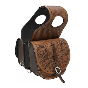 Tooled Buffalo Leather Western Saddle Bag: Trail Riding Horse Gear