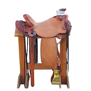 Hand Tooled Leather Western Horse Saddle: Ranch Roping with Free Headstall & Breast Collar