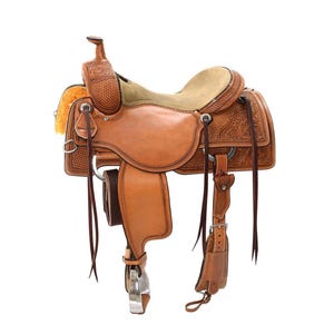 Tooled Leather Western Saddle: Ranch Work Barrel Saddle with Headstall & Breast Collar
