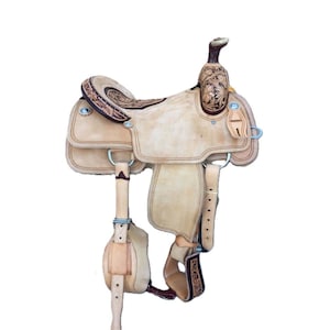 Western Leather Roping Saddle: Hand Tooled Carved Seat (15-18 inch)