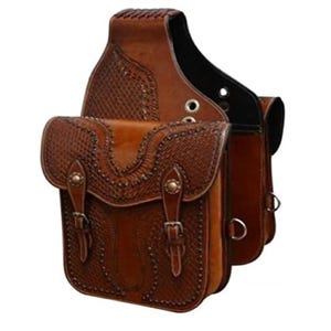 Hand Tooled Leather Western Horse Saddle Bag - Trail Riding