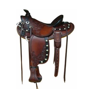 Hand Tooled Leather Western Saddle: Horse Pleasure Trail with Head Stall & Breast Collar