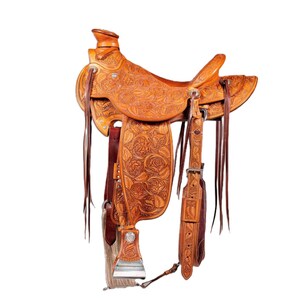 Hand Tooled Leather Western Saddle: Ranch Roping Horse Saddle