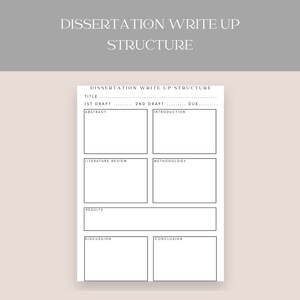 May include: A black and white printable dissertation write-up structure template with sections for title, abstract, introduction, literature review, methodology, results, discussion, and conclusion. The template includes spaces for first and second draft due dates.