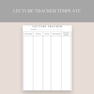 May include: A printable lecture tracker template with headings for Lecture, Topic, Date, Watched, Notes Done, and Class. The template is designed for organizing and tracking lectures.
