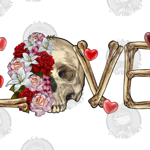 Skull love Valentine's Day png sublimation design, floral skull png, hand drawn skull png, valentines skull png, sublimate designs download