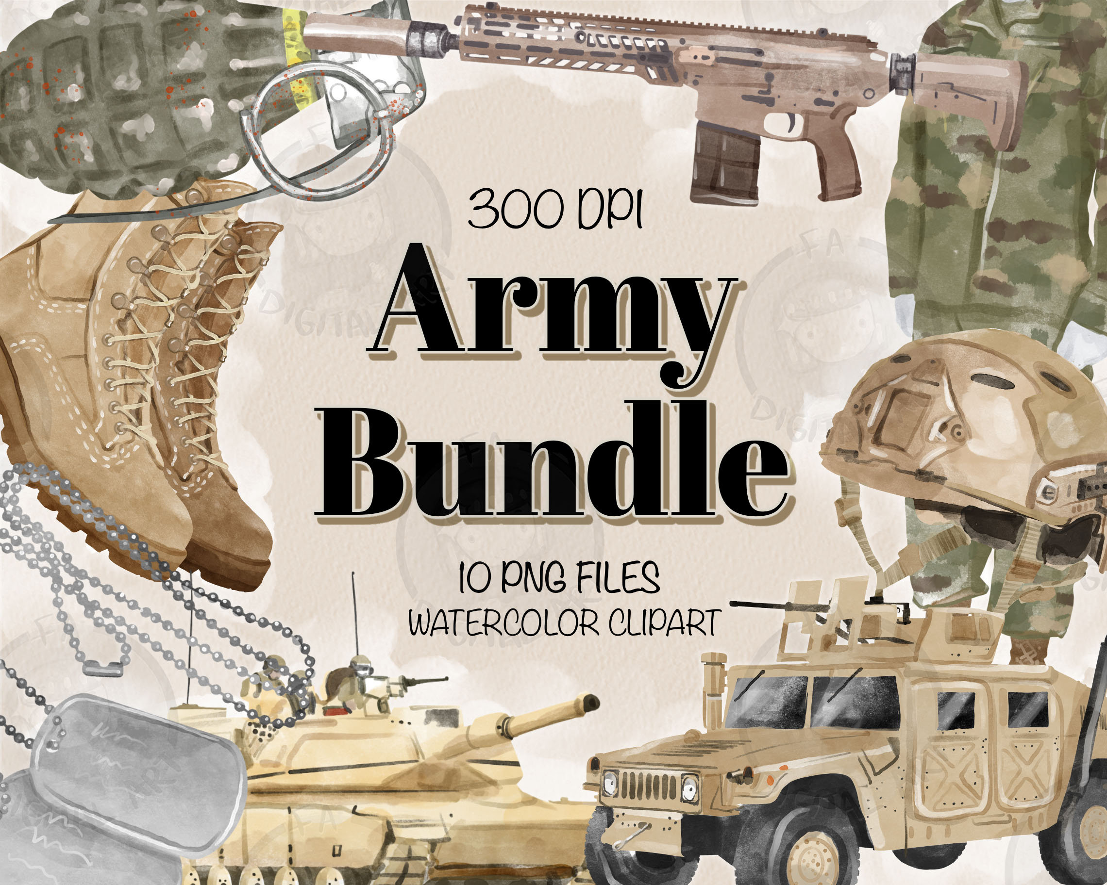 Army Png Bundle For Creators, Watercolor US Army Clipart, Watercolor Army Printable, Military Clipart, Army Png, Digital Clipart