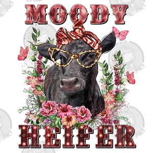 Moody Heifer png sublimation design download, hand drawn heifer png, floral heifer png, animal png, sublimate designs download