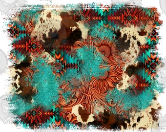 Aztec Turquoise Glitter Cowhide Background Png Sublimation Design, Western Background Png, Cowhide Background Png, Digital Download