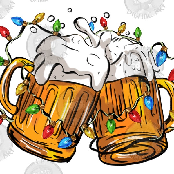 Jarras de cerveza con luces navideñas png sublimación diseño descargar, Navidad png, Navidad alcohol png,Feliz Navidad png,sublimar descargar