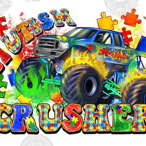 Autism crusher png sublimation design download, Autism Awareness png, monster truck png, Autism puzzle png, sublimate designs download